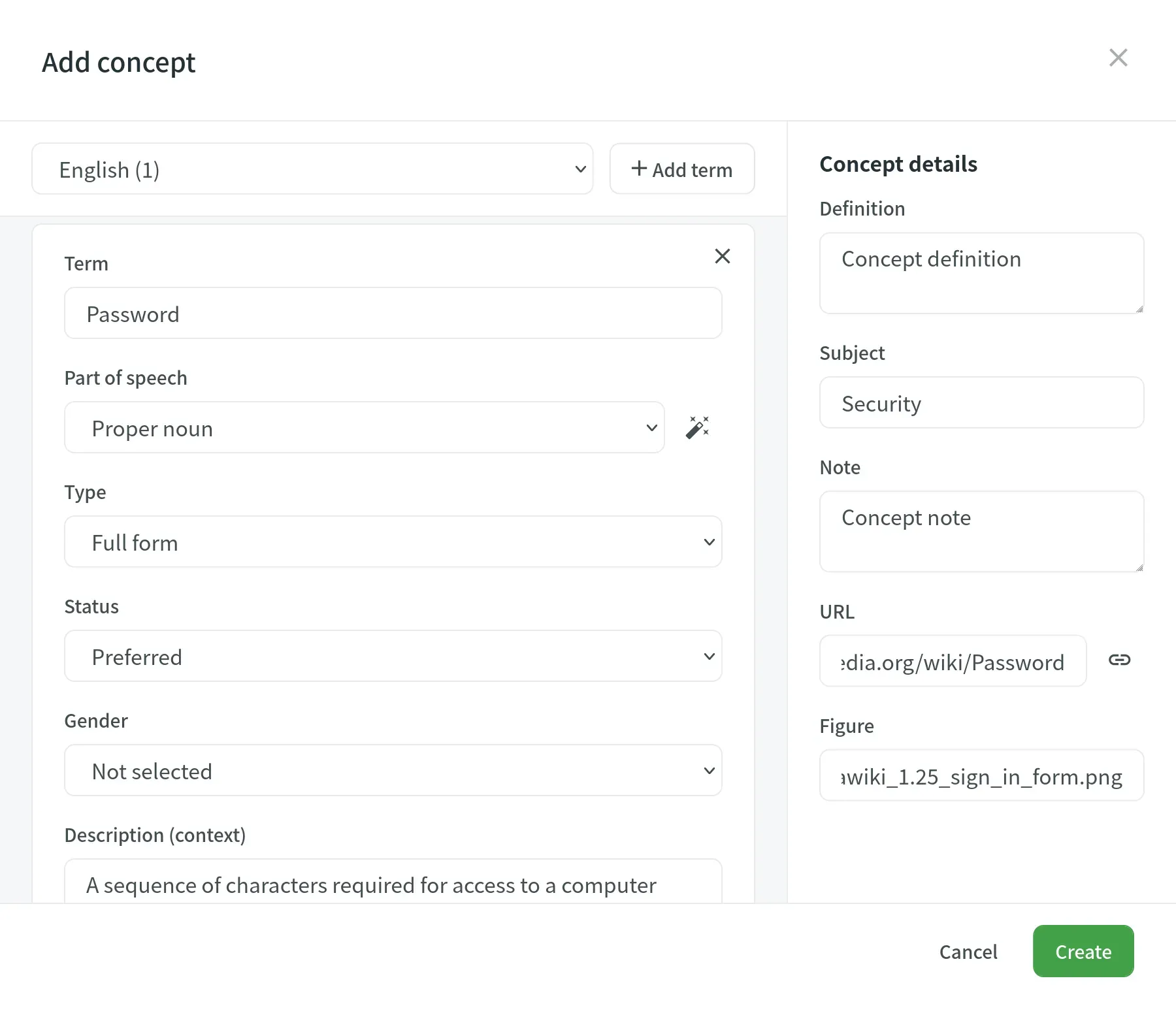 How to add concept in glossary